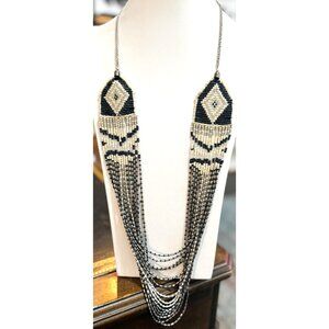 Southwestern Waterfall Blue White Silver Tone Seed Bead Design Long Necklace
